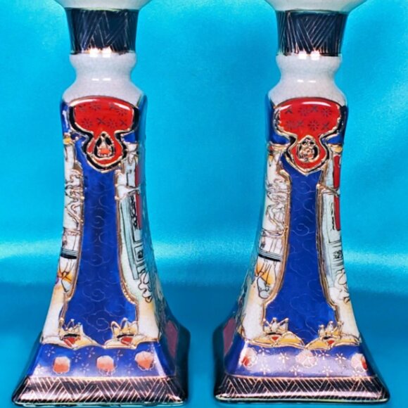 Satsuma Candlestick Holders, Elegant Geisha Design, Japan - Picture 3 of 7